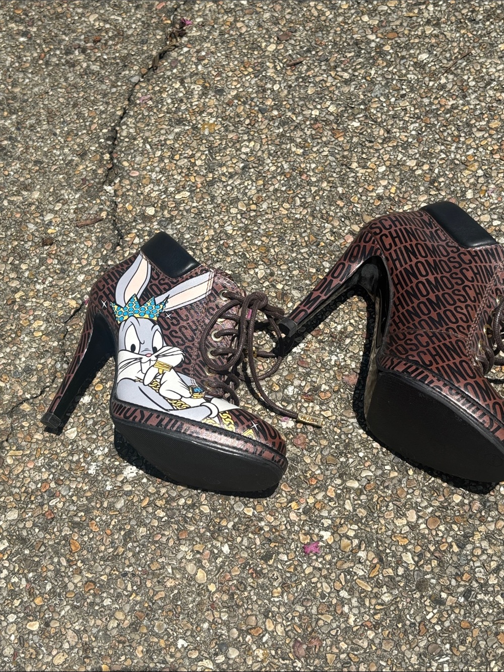 Moschino x Looney Tunes Lace-Up High Heel Booties in Brown